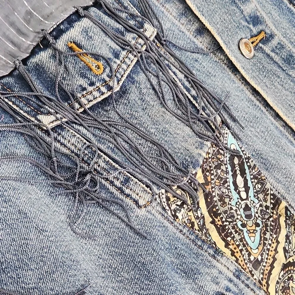 Vintage Upcycled Fringe Boho Western Denim Jacket - Picture 3 of 8